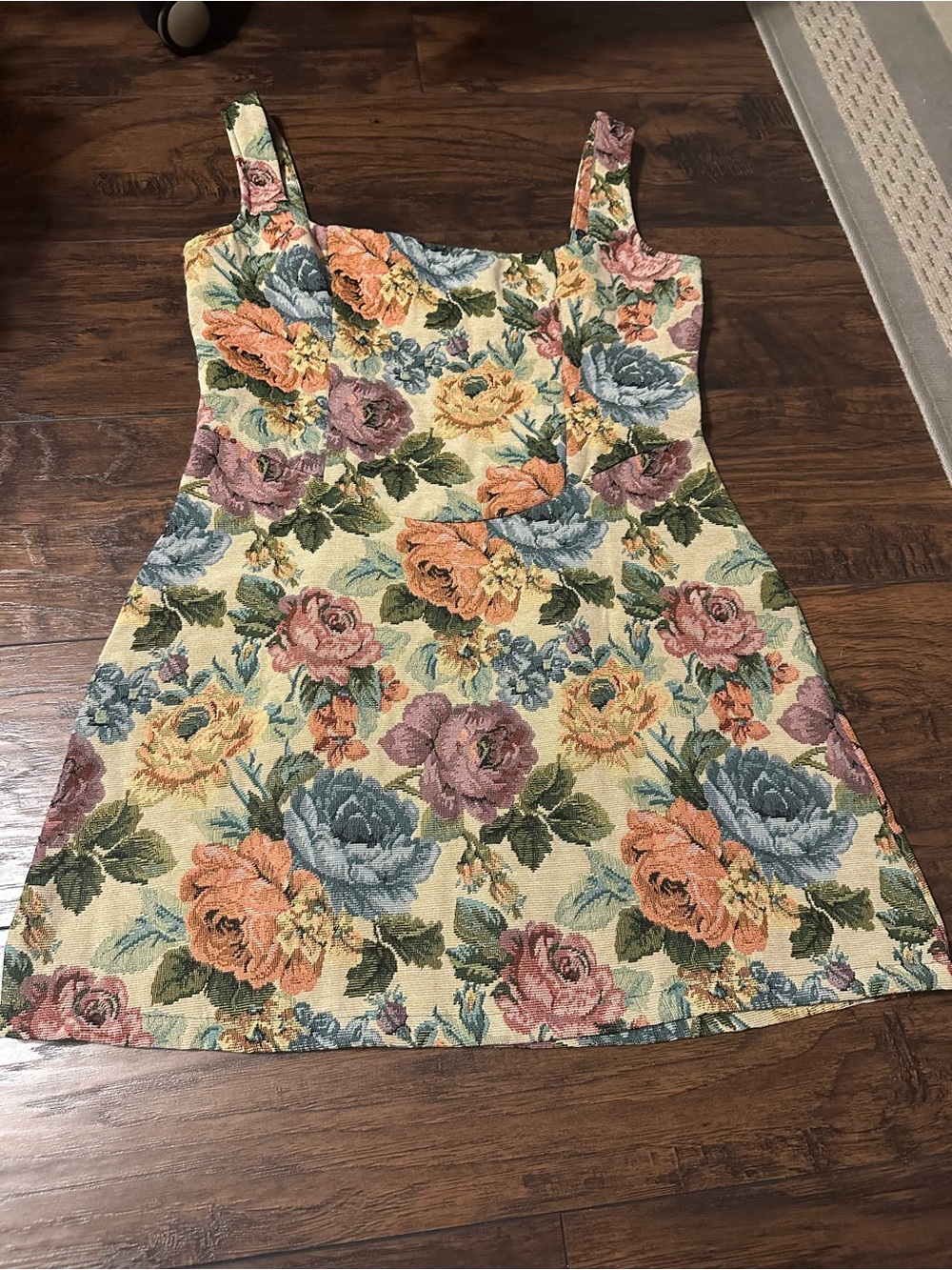 Floral Square-Neck Tank Dress in Cream and Multi